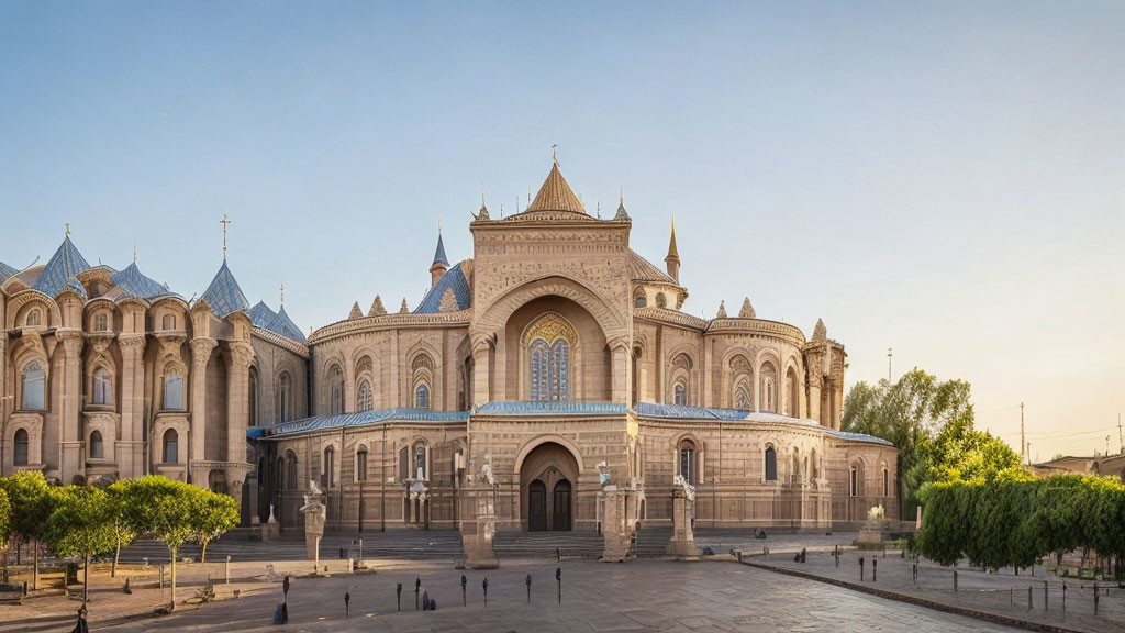 Grand Cathedral Panoramic View with Clear Blue Skies and Empty Square