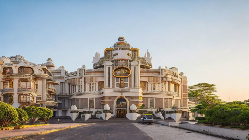 Luxurious hotel with traditional architecture at sunset with rounded balconies and clear sky