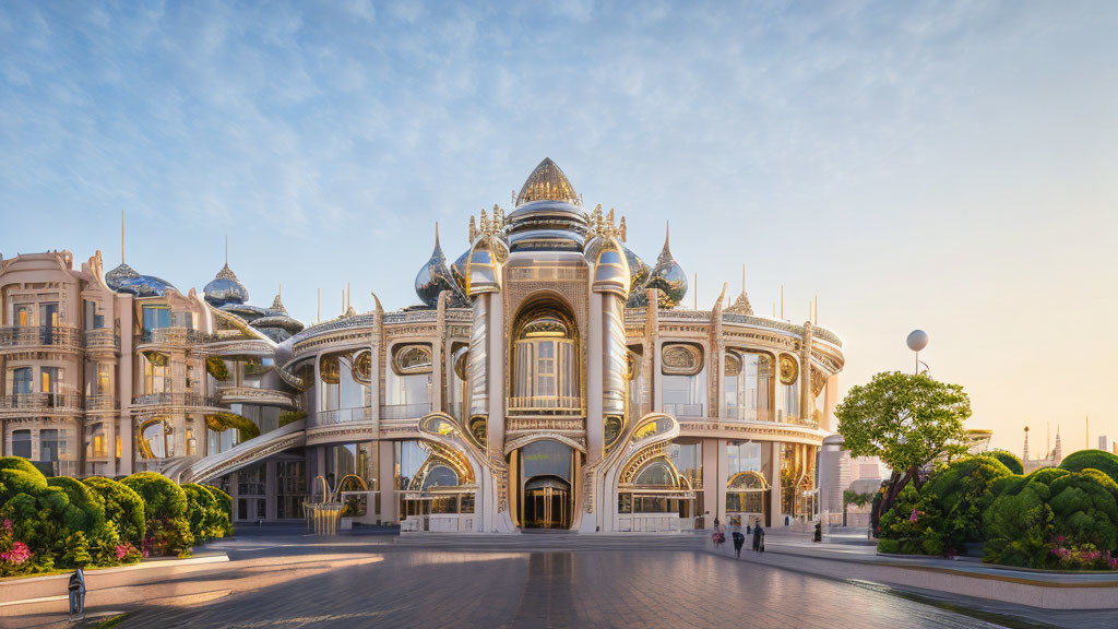 Ornate building with gold and white facade, domes, and arches against blue sky and