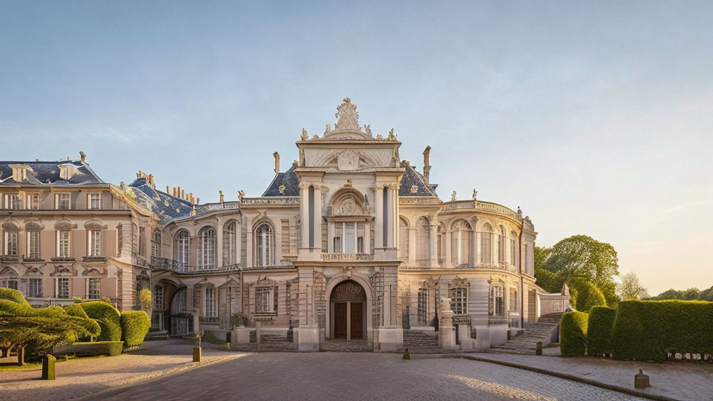 Luxurious classical mansion with ornate architecture and sculpted gardens under soft sky