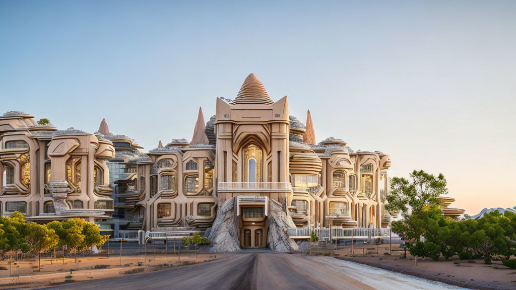 Ornate domed building with intricate designs and trees in clear sky