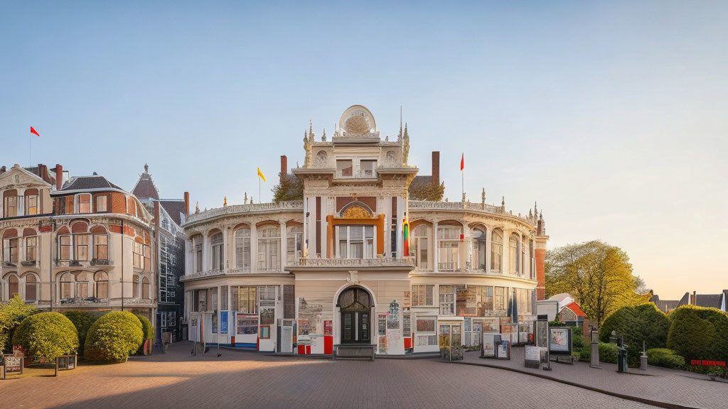 Historic theater with white facade and blue sky amidst buildings