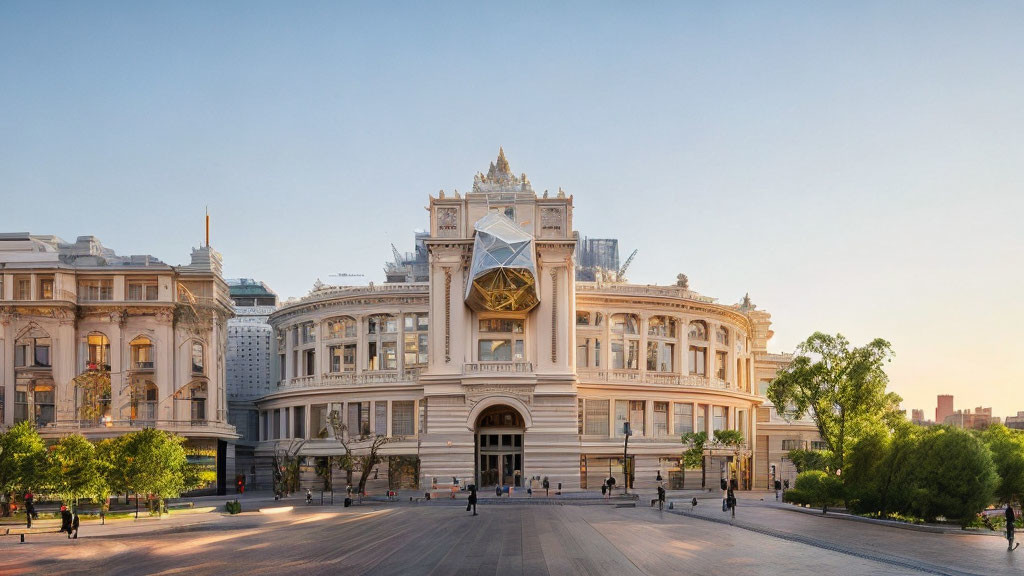 Classical architecture building with ornate details and clock in spacious square at sunset