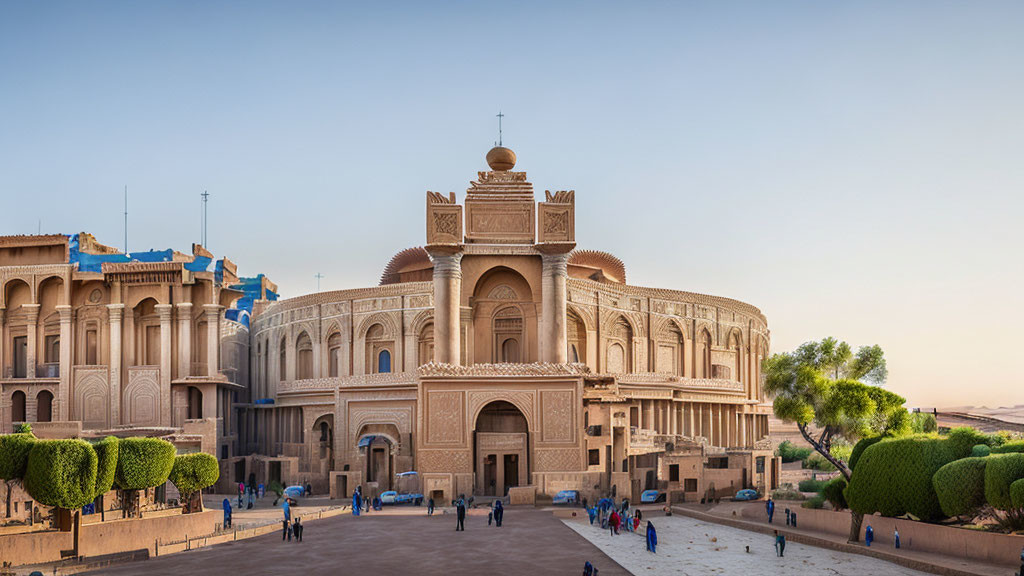 Traditional Building with Dome, Arched Doorways, and Courtyard Scene