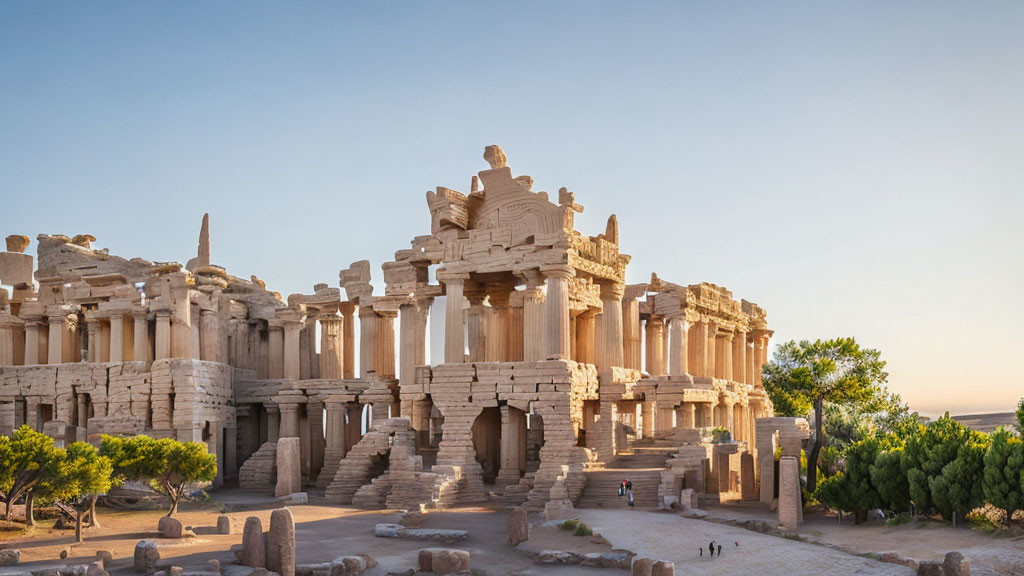 Ancient stone monument with grand columns and ruins under clear sky at golden hour