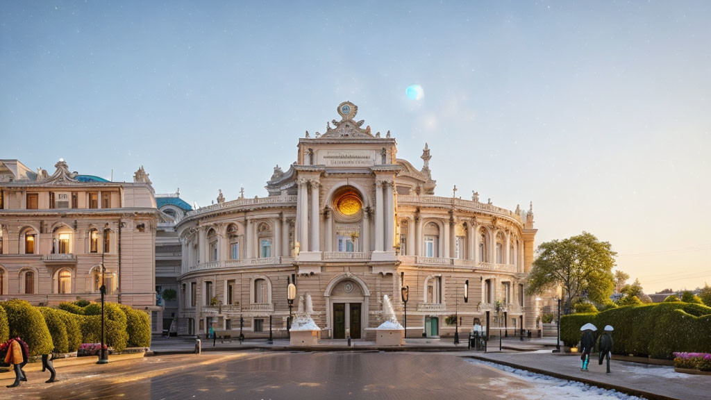 Historic building with ornate architecture at sunset and people walking by