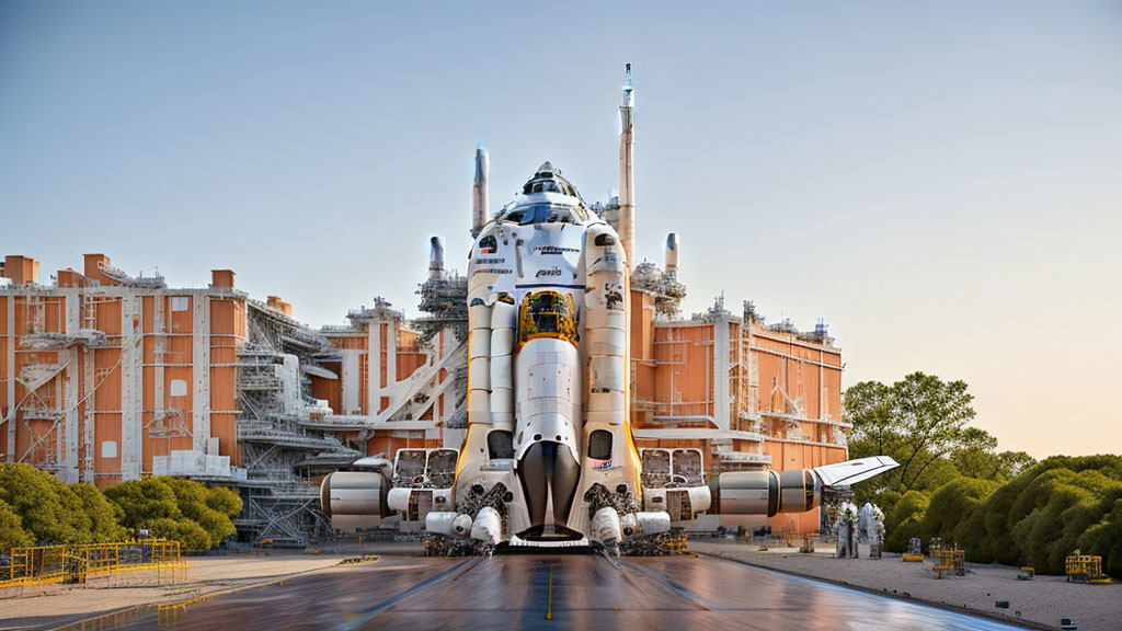 Space Shuttle on Launch Pad with Boosters and Tank Against Blue Sky