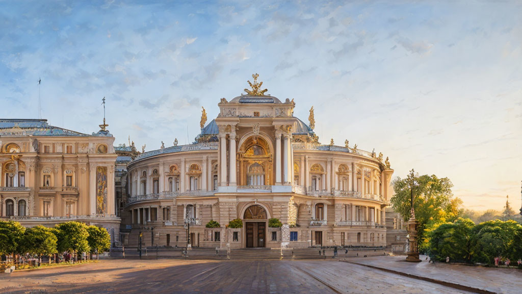 Historical Building with Intricate Facade and Statues at Dusk