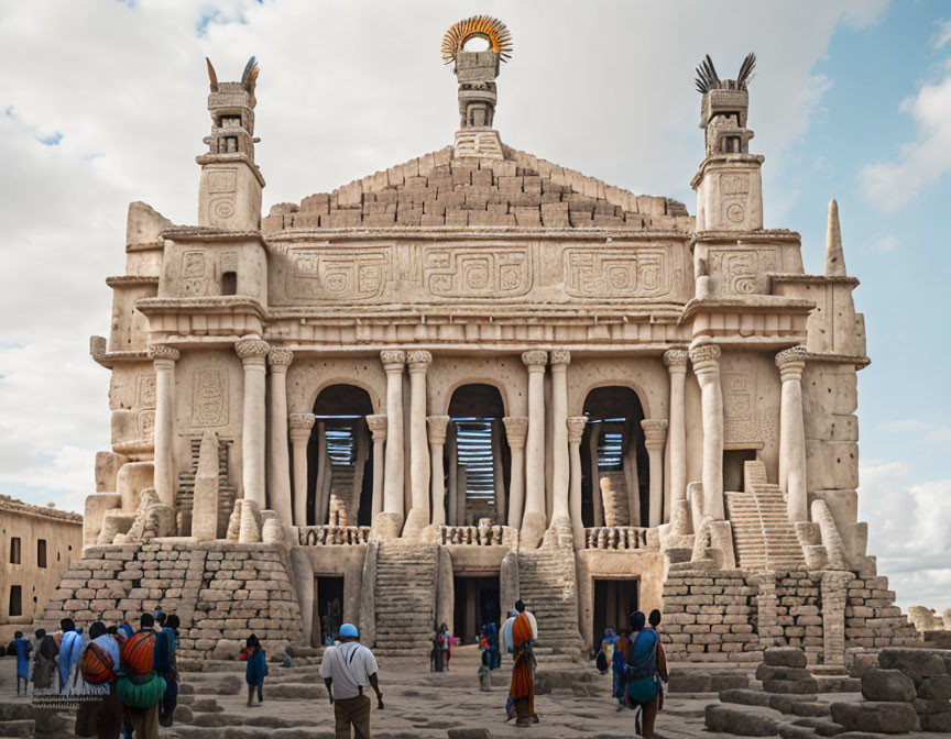 Ancient temple with ornate columns, staircase, and sculptures under cloudy sky