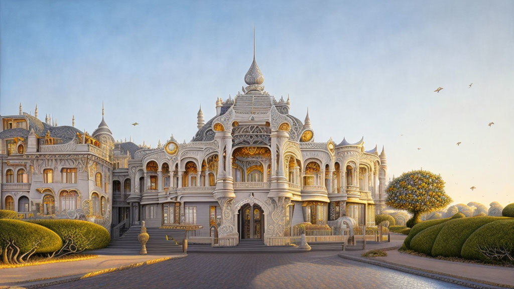 White palace with intricate architecture under golden-lit sky at dusk