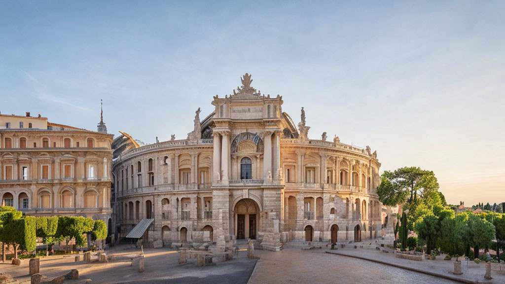 Ornate Baroque facade surrounded by modern buildings under clear blue sky