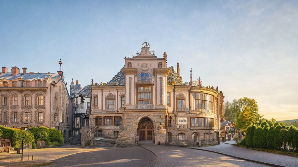 Historical building with intricate stonework and curved glass facade at sunrise or sunset