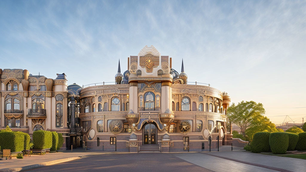 Elaborate Building with Domes and Decorative Patterns at Dusk or Dawn