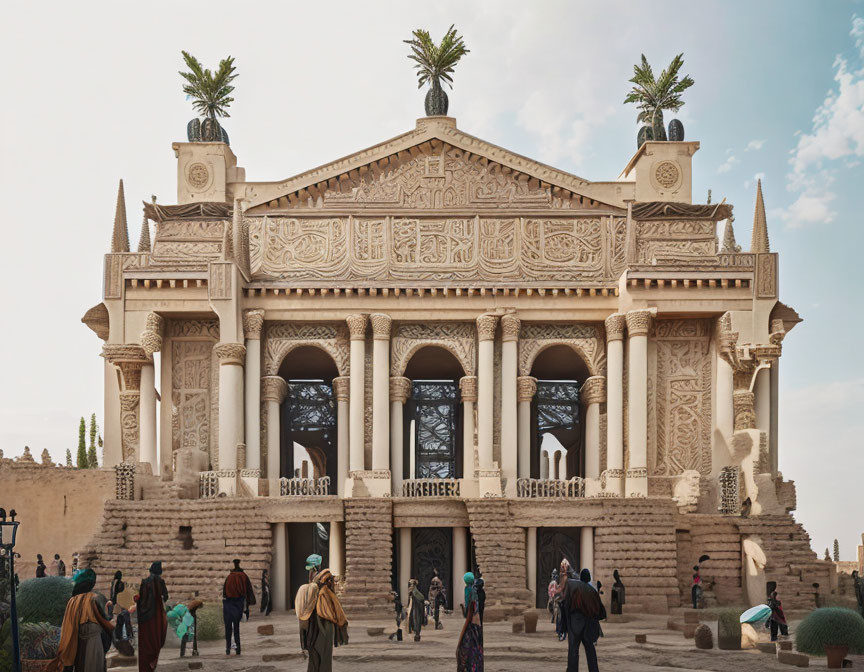 Ornate Building with Arabic Script, Palm Trees, and People in Various Attire