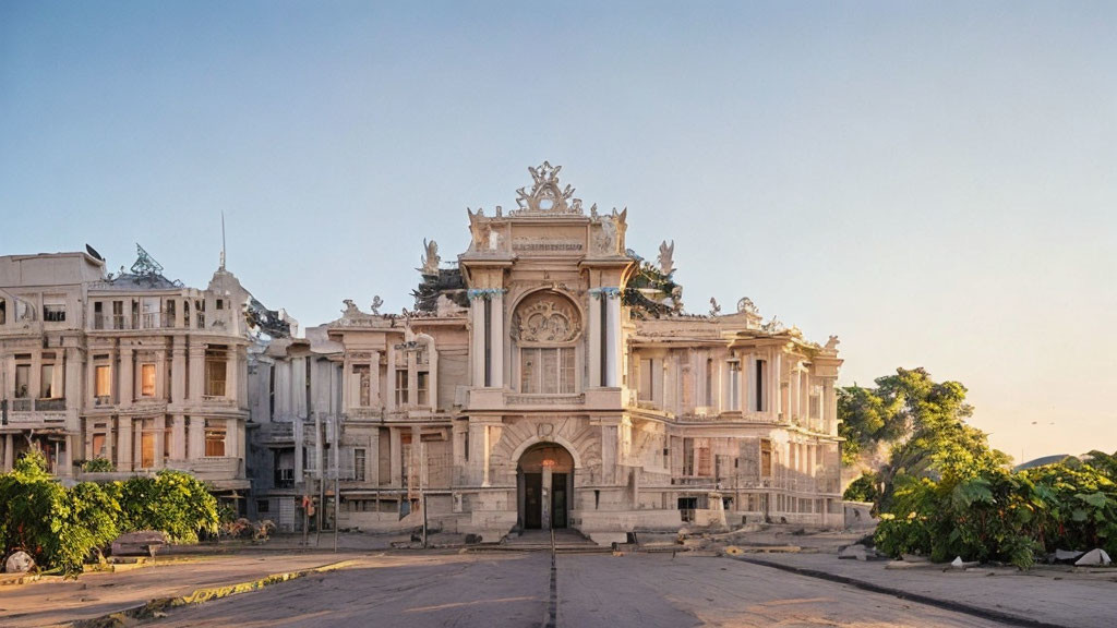 Neoclassical building with sculptures and columns at dawn