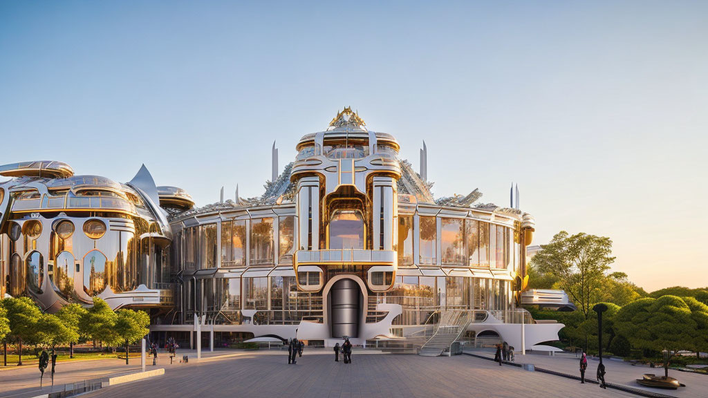 Futuristic metallic building with central dome and trees at dusk