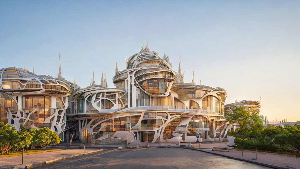 Futuristic building with curved lines, glass domes, and metal frameworks against clear sky at sunrise