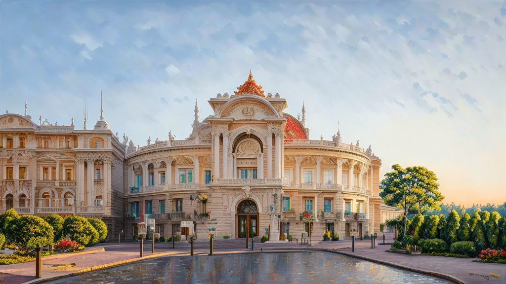 Classical building with ornate facade and dome against sunset sky