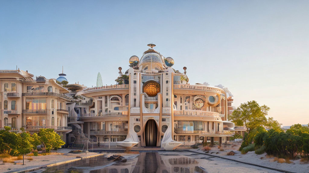 Futuristic ornate building with central dome and golden sunlight.