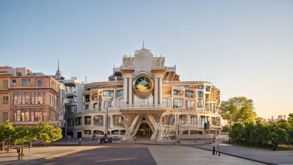 Circular modern structure blends with traditional buildings on tree-lined street