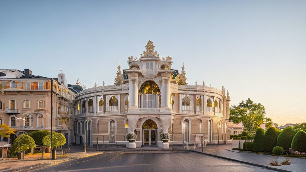 Stunning white building with intricate facade and arched windows at dusk