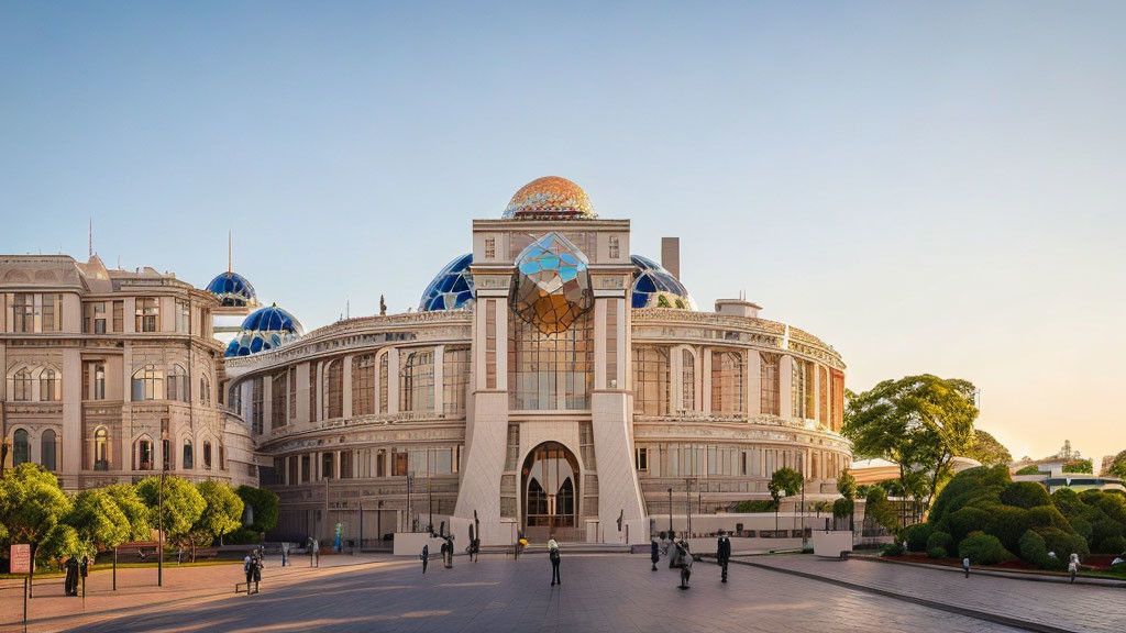 Grand architecture with domes and central sphere under sunset sky.