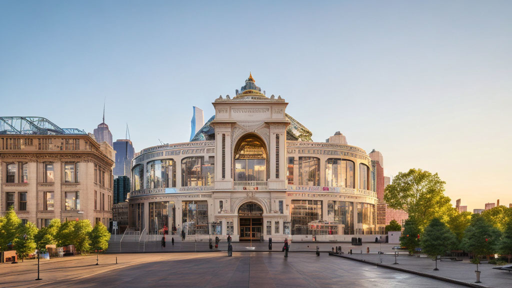 Classical Building with Grand Entrance and Golden Detailing at Sunset