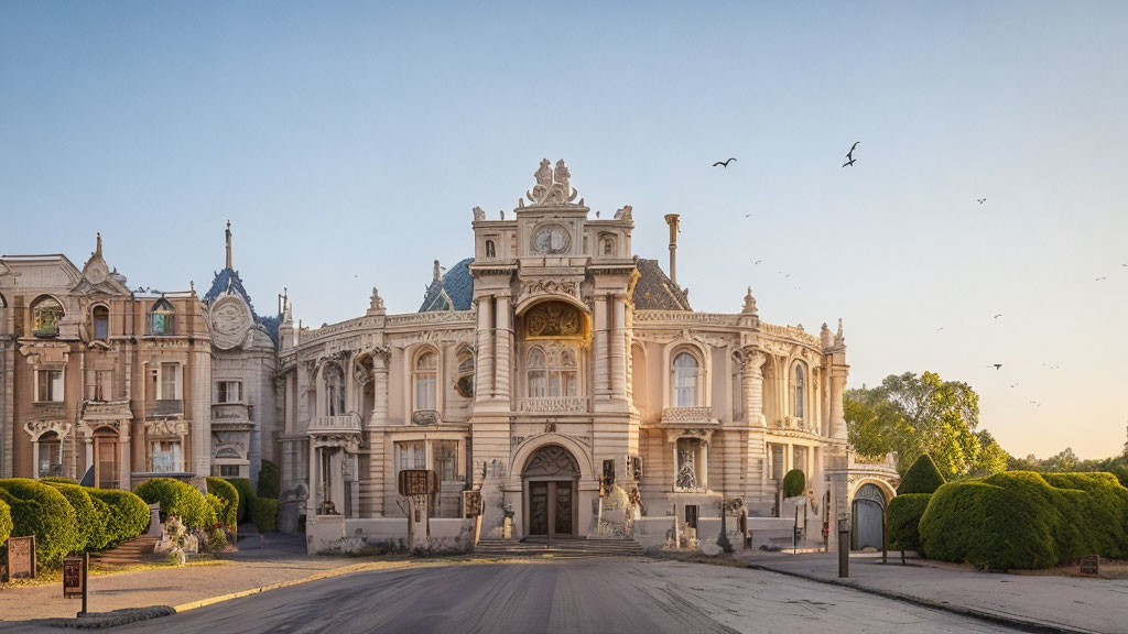 Historical building with ornate facade and statues at sunset