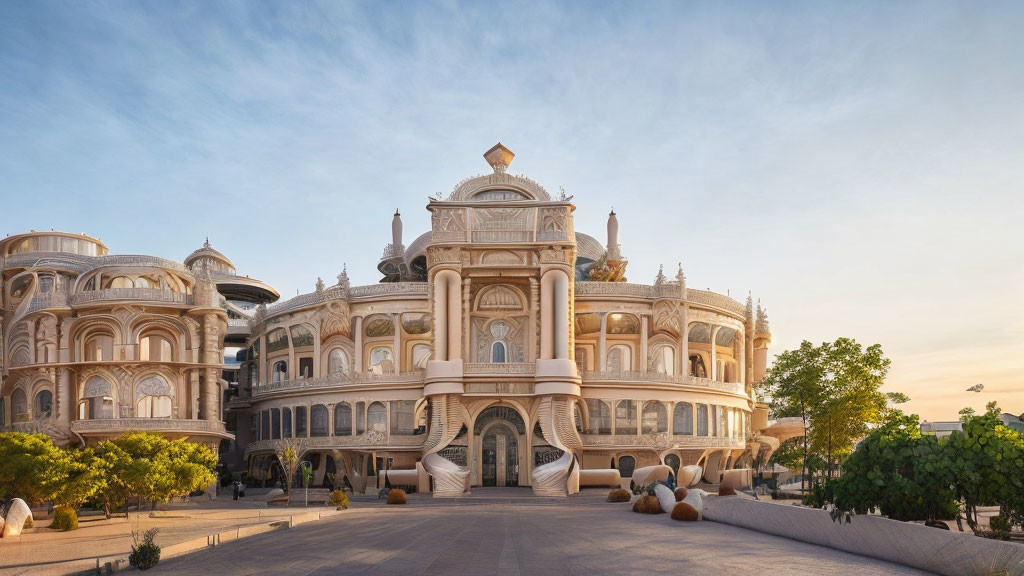 Traditional architecture palace with domes and arches at sunrise or sunset