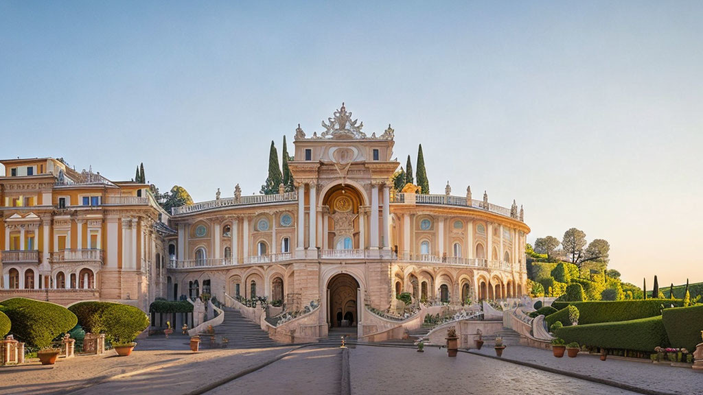 Opulent palace with intricate façade and grand staircase in twilight scene