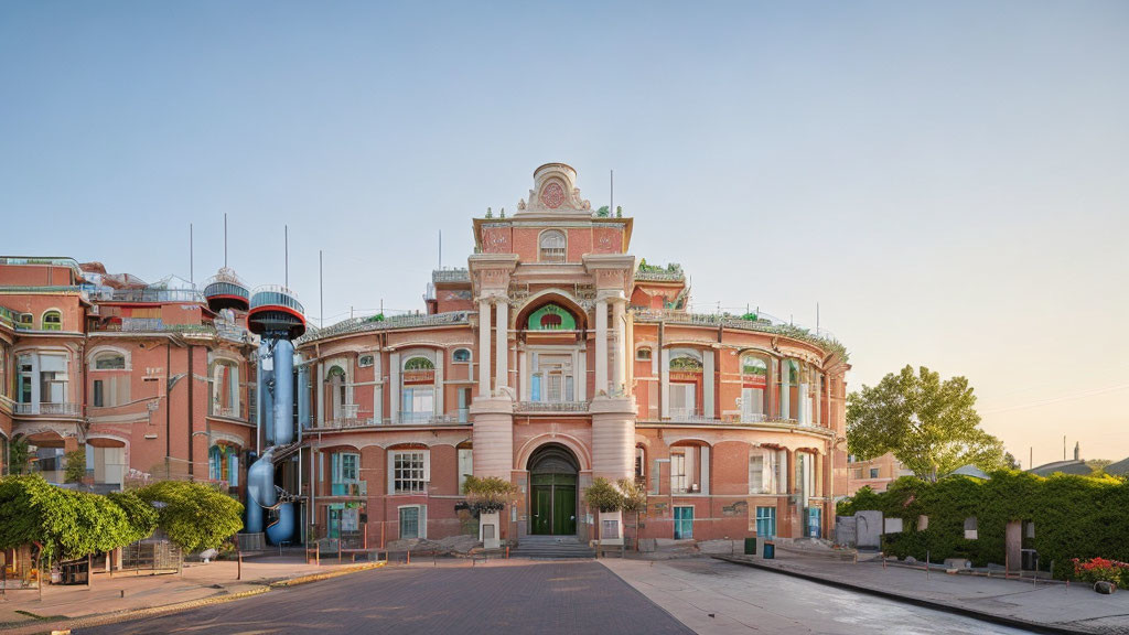 Historic building with grand entrance and symmetrical facades under clear sky