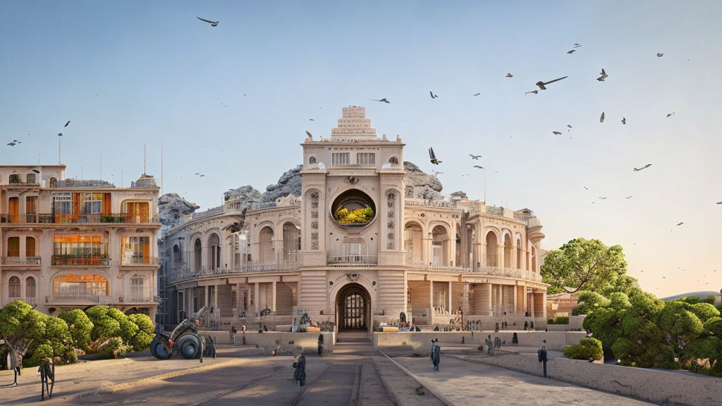 Neoclassical building with central clock, people, birds, and classical architecture in a square under