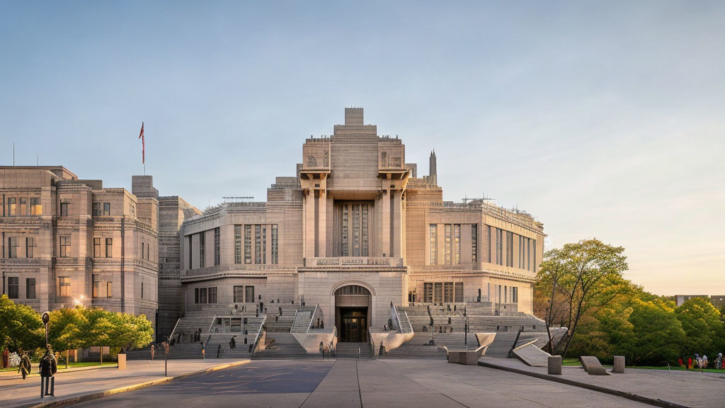 Neoclassical building with decorative pillars and sculptures at dusk