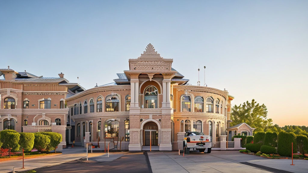 Ornate building with arched windows and ambulance parked in front