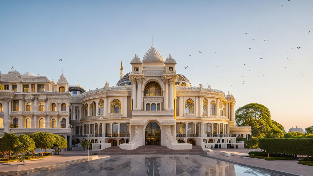 Traditional white palace with ornate balconies and grand arch under clear sky