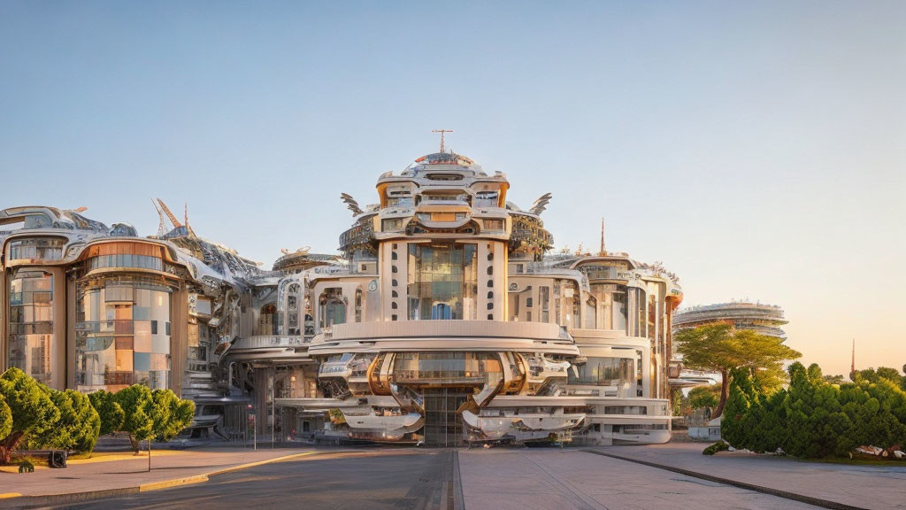 Silver Metallic Futuristic Building with Balconies and Intricate Design