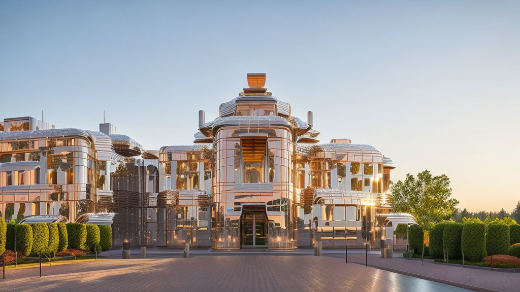 Reflective glass building with metal accents in twilight setting