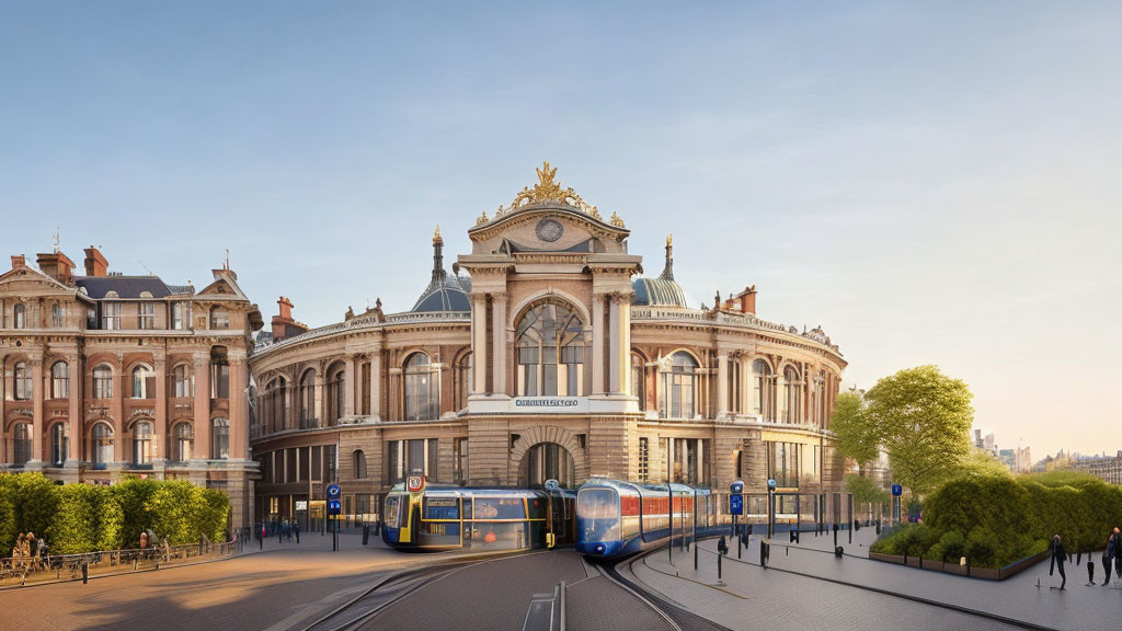 Historic building with ornate facade and golden crest, modern tram passing by under clear sky