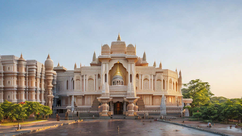 Traditional Indian palace with multiple domes and intricate carvings at sunset