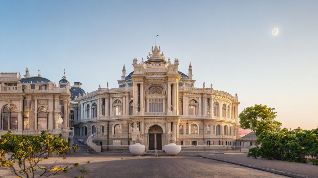 Ornate palace with intricate architecture under moonlit sky