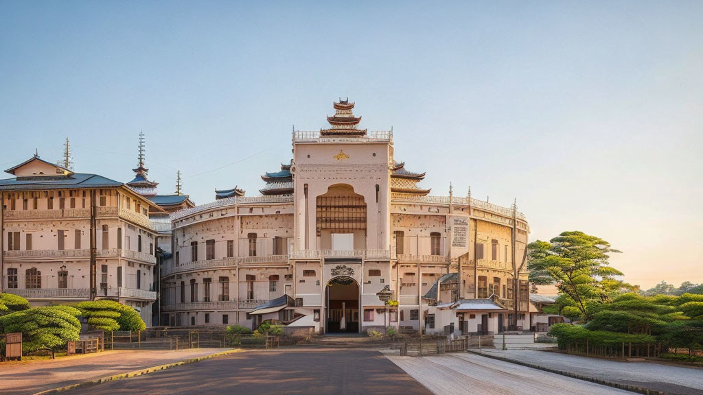 Elaborate traditional multi-tiered building with white walls and ornate decorations against clear blue sky at