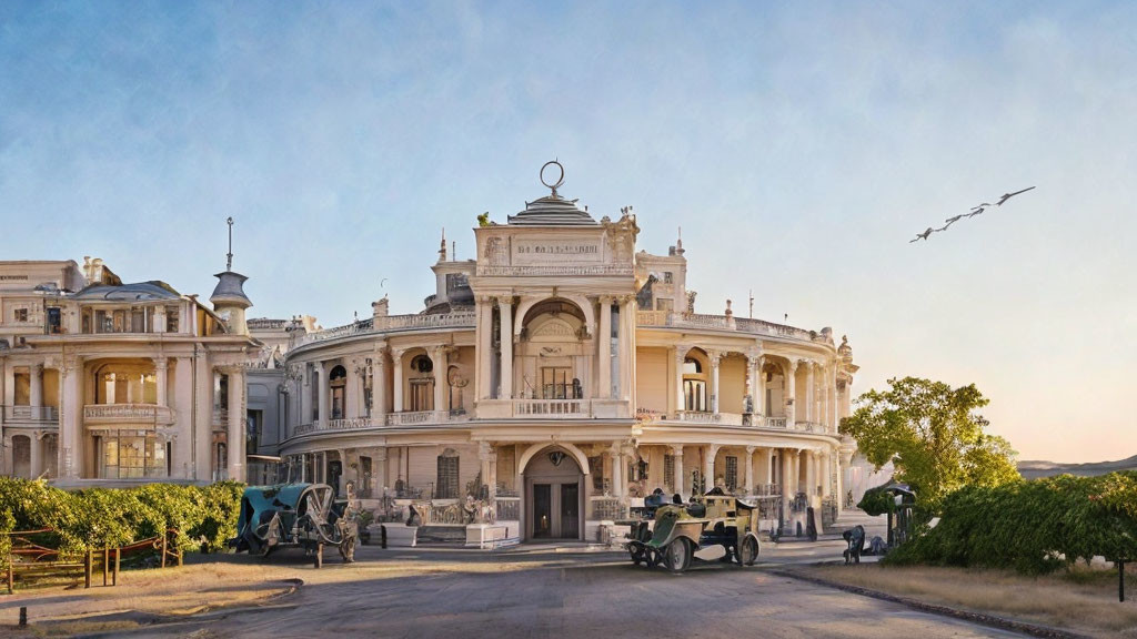 Neoclassical Building with Sculptures, Vintage Cars, and Birds at Dusk