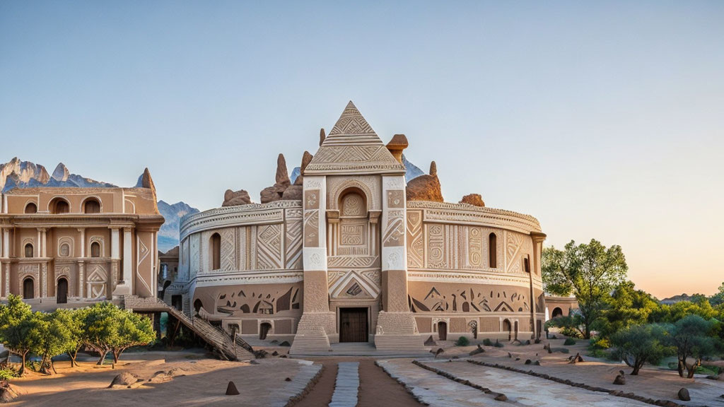 Traditional Desert Architecture with Ornate Patterns and Grand Entrance