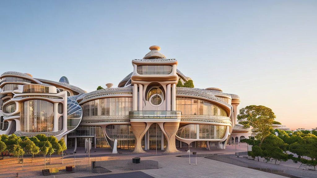 Futuristic building with organic shapes and glass windows at sunset