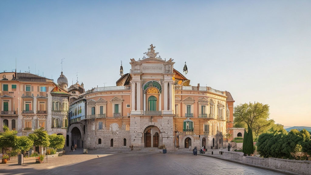 Baroque-style historic building surrounded by classical structures at dusk or dawn