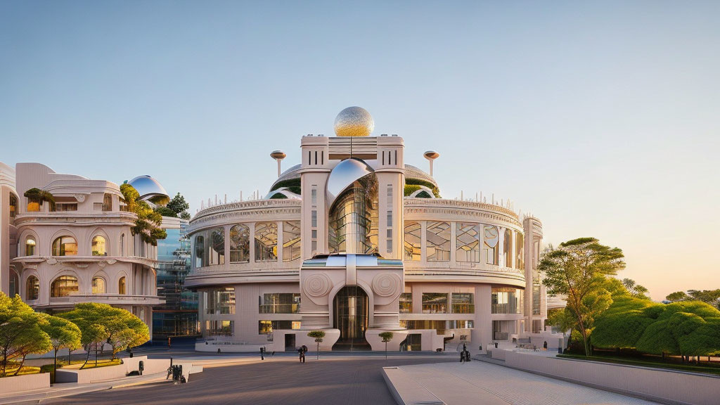 Classical design building with central dome and trees under clear sky at dusk or dawn