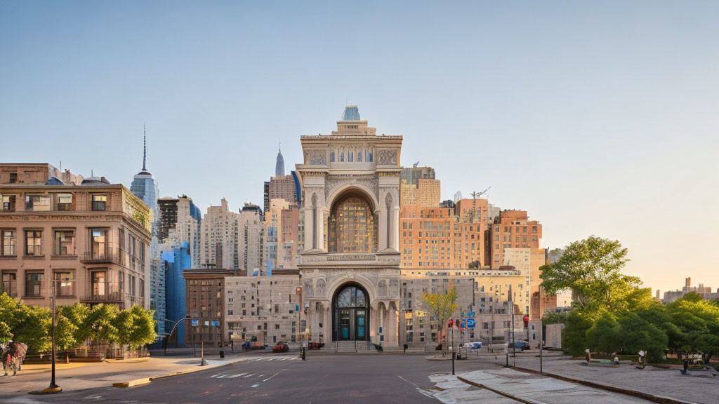 City street with grand archway and classical buildings at dusk