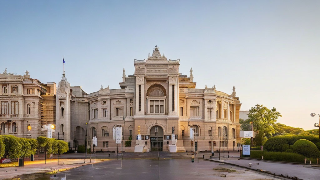 Neoclassical Building with Intricate Facades and Street Lamps at Dusk