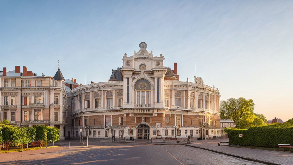 Historical building with grand facade and symmetrical annexes at sunrise or sunset