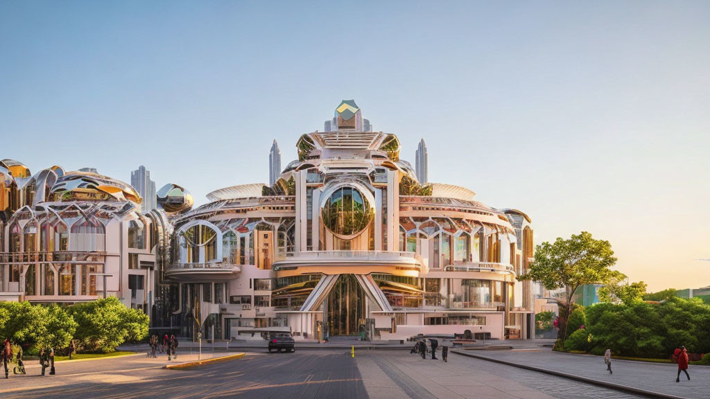 Reflective glass and metal structure in modern architecture against clear blue sky at sunset with circular motifs, people